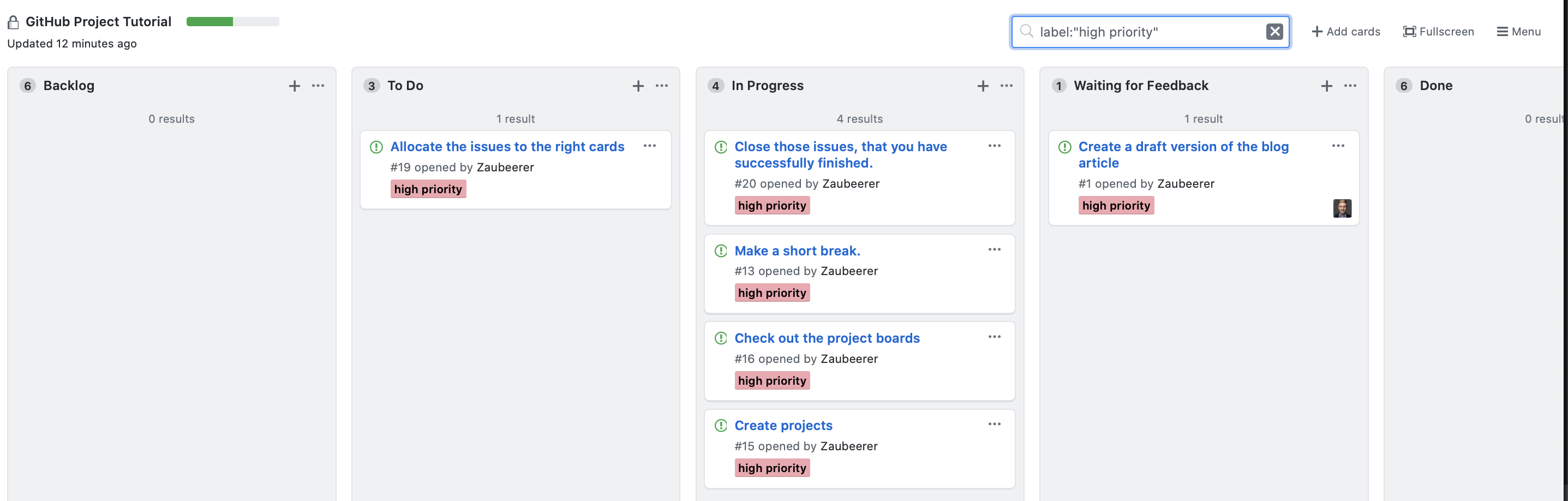 Filtered project view