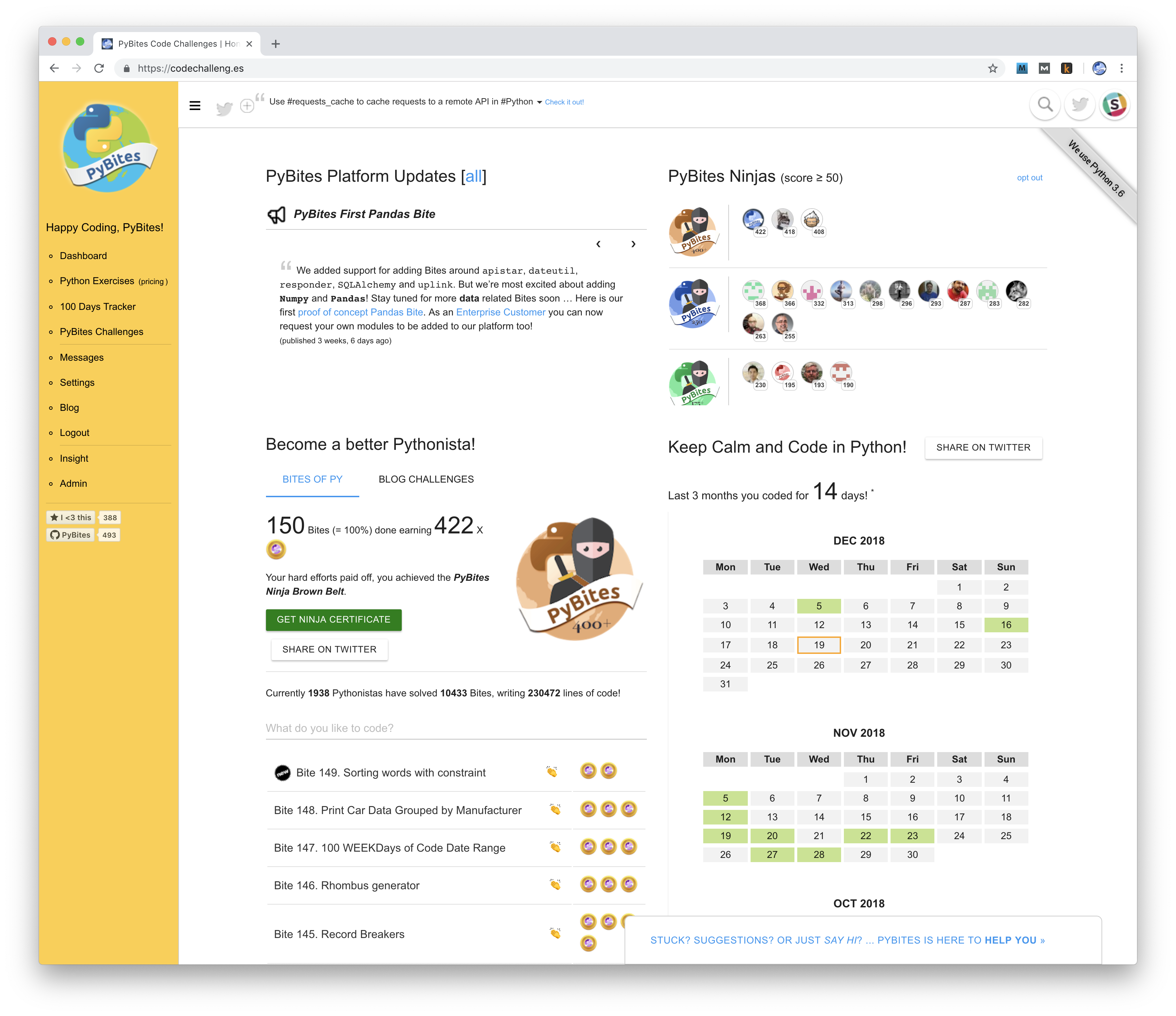 one year later, a fully fledged Python platform where coding gets rewarded with Ninja badges and certificates