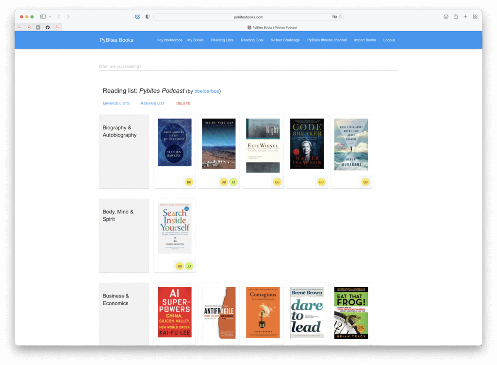 Pybites books app now has a reading list of books we mention on our podcast