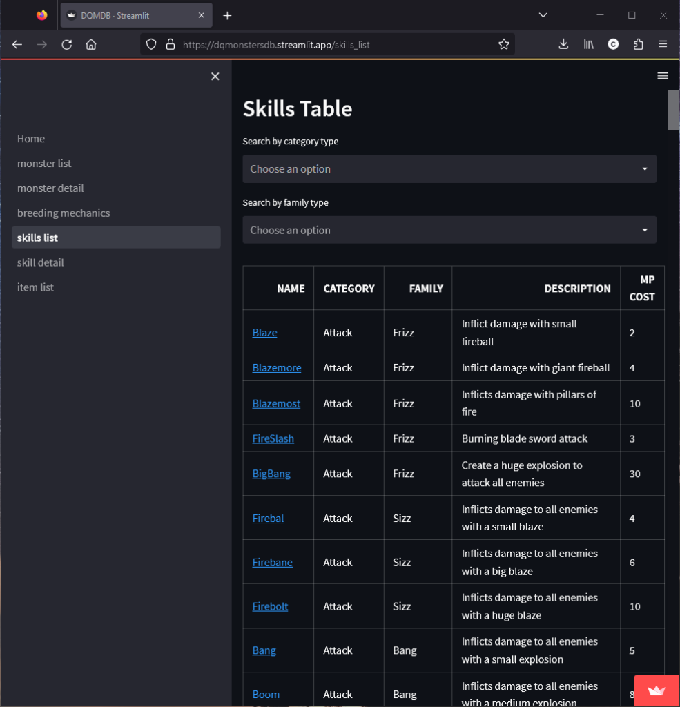 Streamlit skilltable
